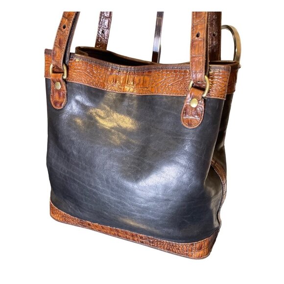 Vintage Brahmin Black Brown Croc Print Double Strap Bucket Handbag - Picture 5 of 14